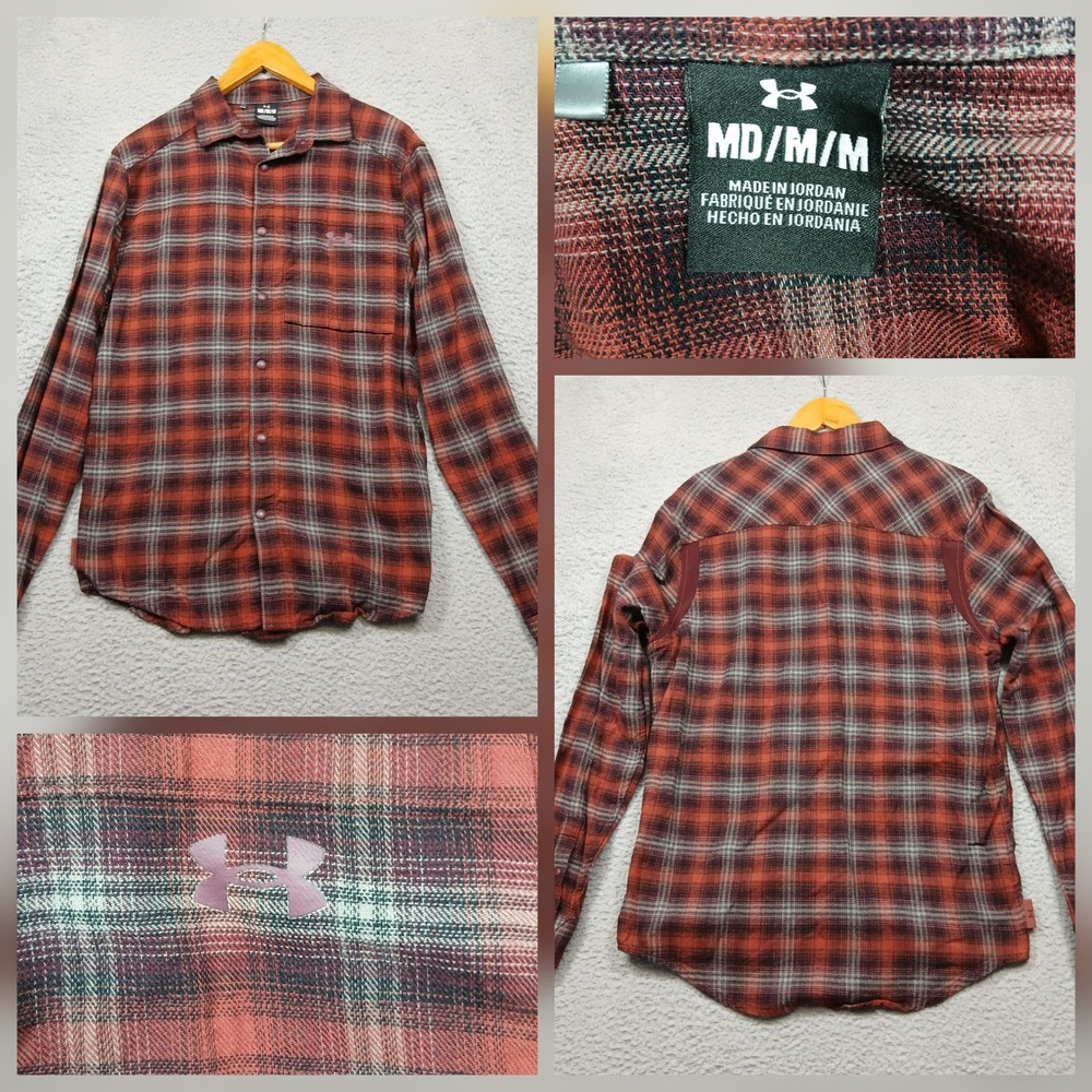 Under‎ Armour Flannel Shirt Men's Medium Red Plaid Stretch Button Front Logo